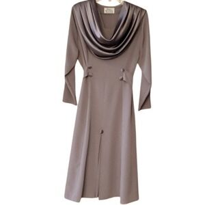 Gina Bacconi Elegant Gray Silver Cowl Neck Vintage Look Midi Dress Size Large